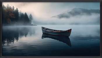 Poster A lake surrounded by trees and fog at sunset